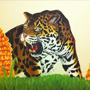 A large image of a Jaguar on the wall of a home