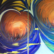 A multi-canvas work playing with a sense of spiraling motion and varying depths